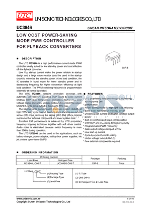 UC3846 datasheet - LOW COST POWER-SAVING MODE PWM CONTROLLER FOR FLYBACK CONVERTERS