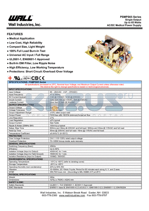 PSMPS65-5 datasheet - Single Output Up to 65 Watts AC/DC Medical Power Supply