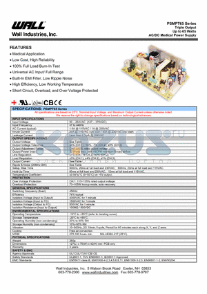 PSMPT65 datasheet - Triple Output Up to 65 Watts AC/DC Medical Power Supply