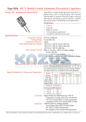 SEK103M016ST datasheet - 105 C Radial Leaded Aluminum Electrolytic Capacitors