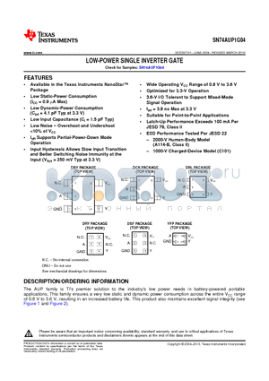 SN74AUP1G04 datasheet - LOW POWER SINGLE INVERTER GATE