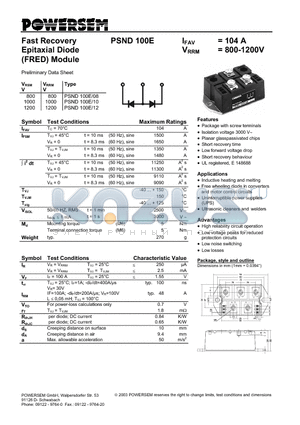 PSND100E-12 datasheet - Fast Recovery Epitaxial Diode (FRED) Module
