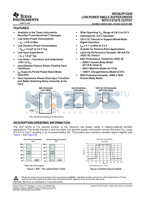 SN74AUP1G240DCKT datasheet - LOW-POWER SINGLE BUFFER/DRIVER WITH 3-STATE OUTPUT
