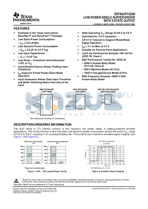 SN74AUP1G240YZPR datasheet - LOW-POWER SINGLE BUFFER/DRIVER WITH 3-STATE OUTPUT