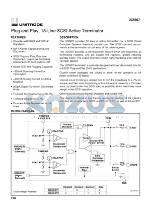 UC5607 datasheet - Plug and Play, 18-Line SCSI Active Terminator