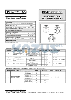 SSTDPAD100 datasheet - MONOLITHIC DUAL PICO AMPERE DIODES