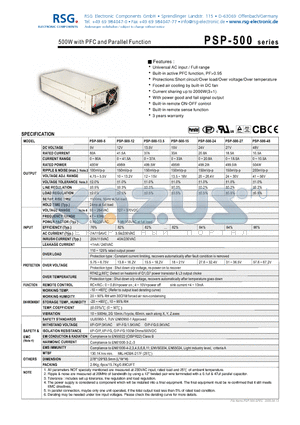 PSP-500 datasheet - 500W with PFC and Parallel Function