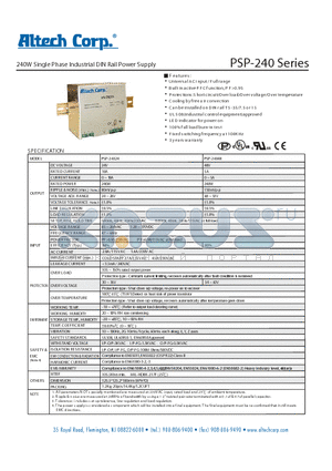 PSP240 datasheet - 240W Single Phase Industrial DIN Rail Power Supply