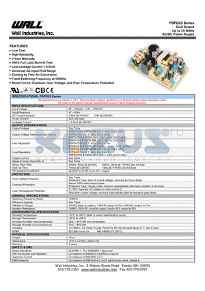 PSPD25 datasheet - Dual Output Up to 25 Watts AC/DC Power Supply