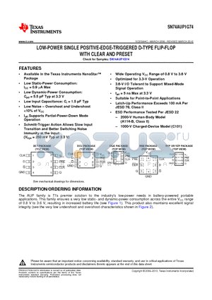 SN74AUP1G74 datasheet - LOW-POWER SINGLE POSITIVE-EDGE-TRIGGERED D-TYPE FLIP-FLOP WITH CLEAR AND PRESET