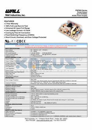 PSPS-65-15 datasheet - Single Output Up to 65 Watts AC/DC Power Supply