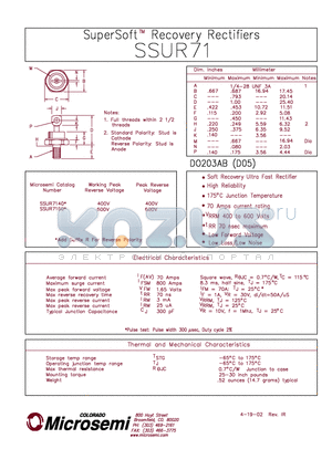 SSUR71 datasheet - SUPERSOFT RECOVERY RECTIFIERS