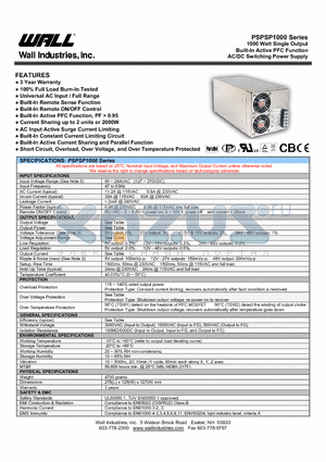 PSPSP1000-48 datasheet - 1000 Watt Single Output Built-In Active PFC Function AC/DC Switching Power Supply