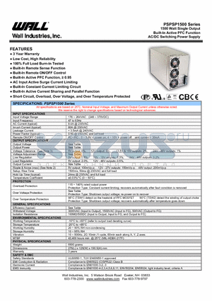 PSPSP1500 datasheet - 1500 Watt Single Output Built-In Active PFC Function AC/DC Switching Power Supply