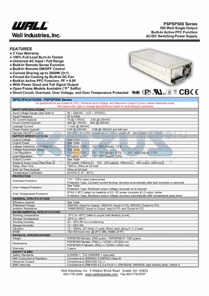 PSPSP500 datasheet - 500 Watt Single Output Built-In Active PFC Function AC/DC Switching Power Supply