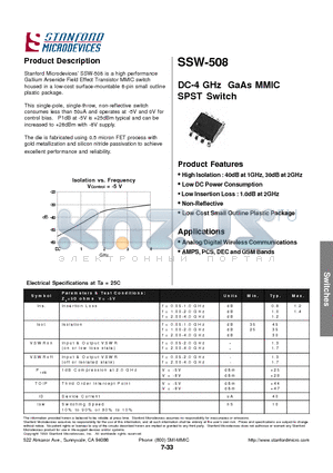 SSW-508 datasheet - DC-4 GHz GaAs MMIC SPST Switch