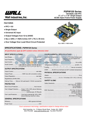 PSPW120B-1Y15P datasheet - 120 Watts with PFC AC/DC Open Frame Power Supply
