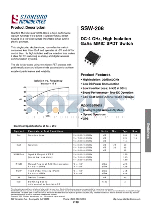 SSW-208 datasheet - DC-4 GHz, High Isolation GaAs MMIC SPDT Switch