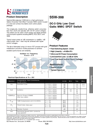 SSW-308 datasheet - DC-3 GHz Low Cost GaAs MMIC SPDT Switch