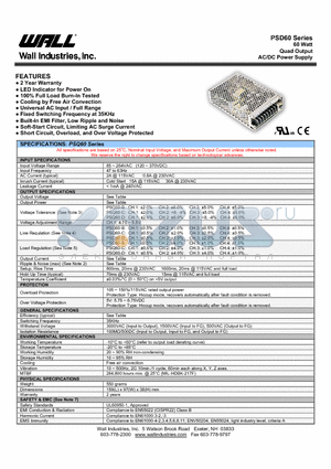 PSQ60 datasheet - 60 Watt Quad Output AC/DC Power Supply