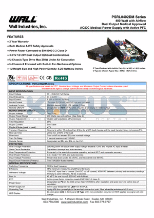 PSRL0402DMX-1224 datasheet - 400 Watt with Airflow Dual Output Medical Approved AC/DC Medical Power Supply with Active PFC
