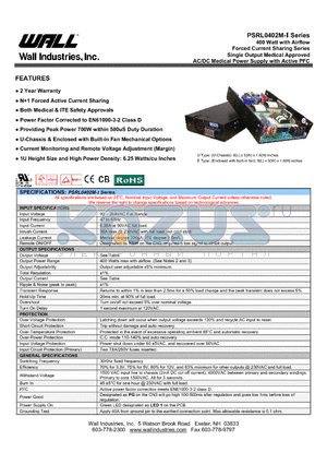 PSRL0402MX-12I datasheet - 400 Watt with Airflow Forced Current Sharing Series Single Output Medical Approved AC/DC Medical Power Supply with Active PFC