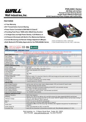 PSRL0402X-36I datasheet - 400 Watt with Airflow Forced Current Sharing Series Single Output Medical Approved AC/DC Switching Power Supply with Active PFC