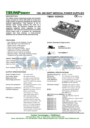 TM201-S48 datasheet - 150- 200 WATT MEDICAL POWER SUPPLIES