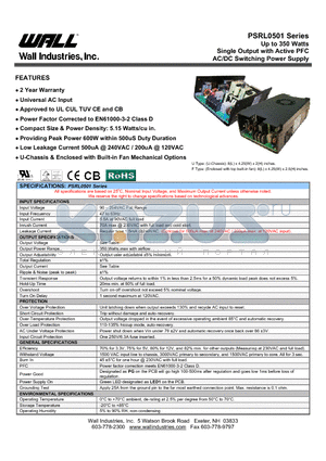PSRL0501X-18 datasheet - Up to 350 Watts Single Output with Active PFC AC/DC Switching Power Supply