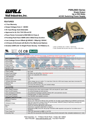 PSRL0603X-09 datasheet - Single Output Up to 250 Watts AC/DC Switching Power Supply