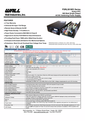 PSRL5016E3 datasheet - Active PFC 300 Watt Single Output AC/DC Switching Power Supply