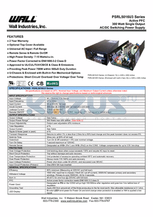 PSRL5016U3 datasheet - Active PFC 300 Watt Single Output AC/DC Switching Power Supply