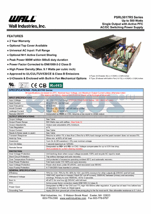 PSRL5017R5 datasheet - Up to 500 Watts Single Output with Active PFC AC/DC Switching Power Supply