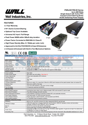 PSRL5017R8-NI datasheet - Up to 800 Watts Single Output with Active PFC Forced Current Sharing Series AC/DC Switching Power Supply