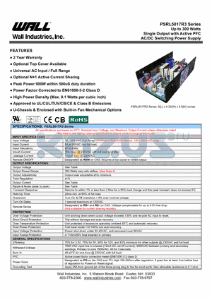 PSRL5017RU3-03 datasheet - Up to 300 Watts Single Output with Active PFC AC/DC Switching Power Supply