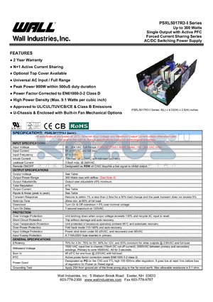 PSRL5017RU3-03I datasheet - Up to 300 Watts Single Output with Active PFC Forced Current Sharing Series AC/DC Switching Power Supply