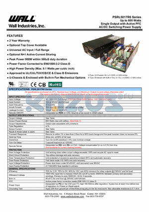PSRL5017RX6-16 datasheet - Up to 600 Watts Single Output with Active PFC AC/DC Switching Power Supply