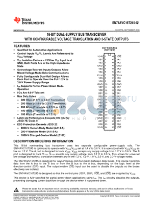 SN74AVC16T245-Q1 datasheet - 16-BIT DUAL-SUPPLY BUS TRANSCEIVER WITH CONFIGURABLE VOLTAGE TRANSLATION AND 3-STATE OUTPUTS