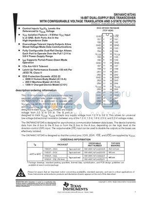 SN74AVC16T245ZQLR datasheet - 16 BIT DUAL SUPPLY BUS TRANSCEIVER