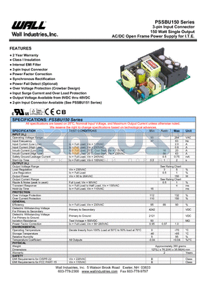 PSSBU150-106 datasheet - 3-pin Input Connector 150 Watt Single Output AC/DC Open Frame Power Supply for I.T.E.