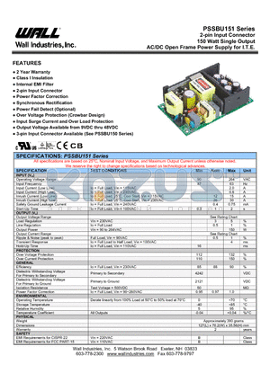 PSSBU151-108 datasheet - 2-pin Input Connector 150 Watt Single Output AC/DC Open Frame Power Supply for I.T.E.