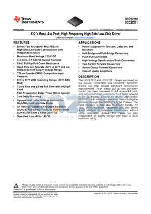 UCC27210DDA datasheet - 120-V Boot, 4-A Peak, High Frequency High-Side/Low-Side Driver