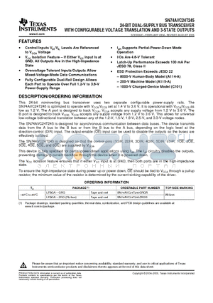 SN74AVC24T245ZRGR datasheet - 24-BIT DUAL-SUPPLY BUS TRANSCEIVER WITH CONFIGURABLE VOLTAGE TRANSLATION AND 3-STATE OUTPUTS