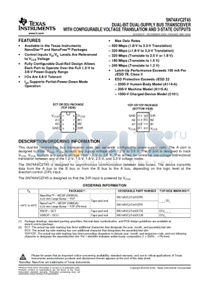 SN74AVC2T45 datasheet - DUAL BIT DUAL SUPPLY BUS TRANSCEIVER WITH CONFIGURABLE VOLTAGE TRANSLATION AND 3 STATE OUTPUTS
