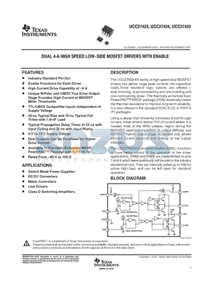 UCC27425D datasheet - DUAL 4-A HIGH SPEED LOW SIDE MOSFET DRIVERS WITH ENABLE
