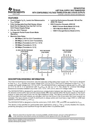 SN74AVC4T245DG4 datasheet - 4-BIT DUAL-SUPPLY BUS TRANSCEIVER WITH CONFIGURABLE VOLTAGE TRANSLATION AND 3-STATE OUTPUTS