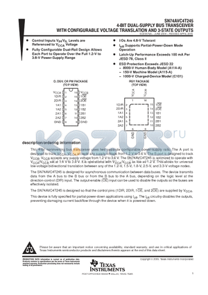 SN74AVC4T245DE4 datasheet - 4-BIT DUAL-SUPPLY BUS TRANSCEIVER WITH CONFIGURABLE VOLTAGE TRANSLATION AND 3-STATE OUTPUTS