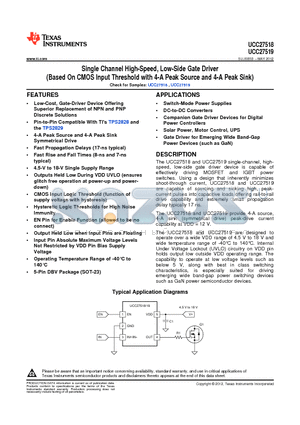 UCC27511DBV datasheet - Single Channel High-Speed, Low-Side Gate Driver