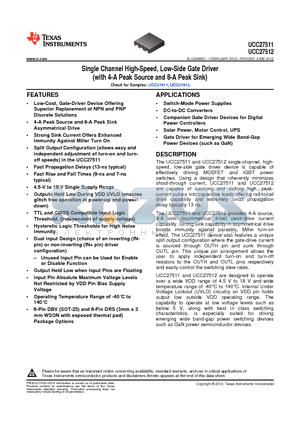 UCC27511DBVR datasheet - Single Channel High-Speed, Low-Side Gate Driver