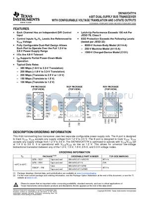 SN74AVC4T774PW datasheet - 4-BIT DUAL-SUPPLY BUS TRANSCEIVER WITH CONFIGURABLE VOLTAGE TRANSLATION AND 3-STATE OUTPUTS